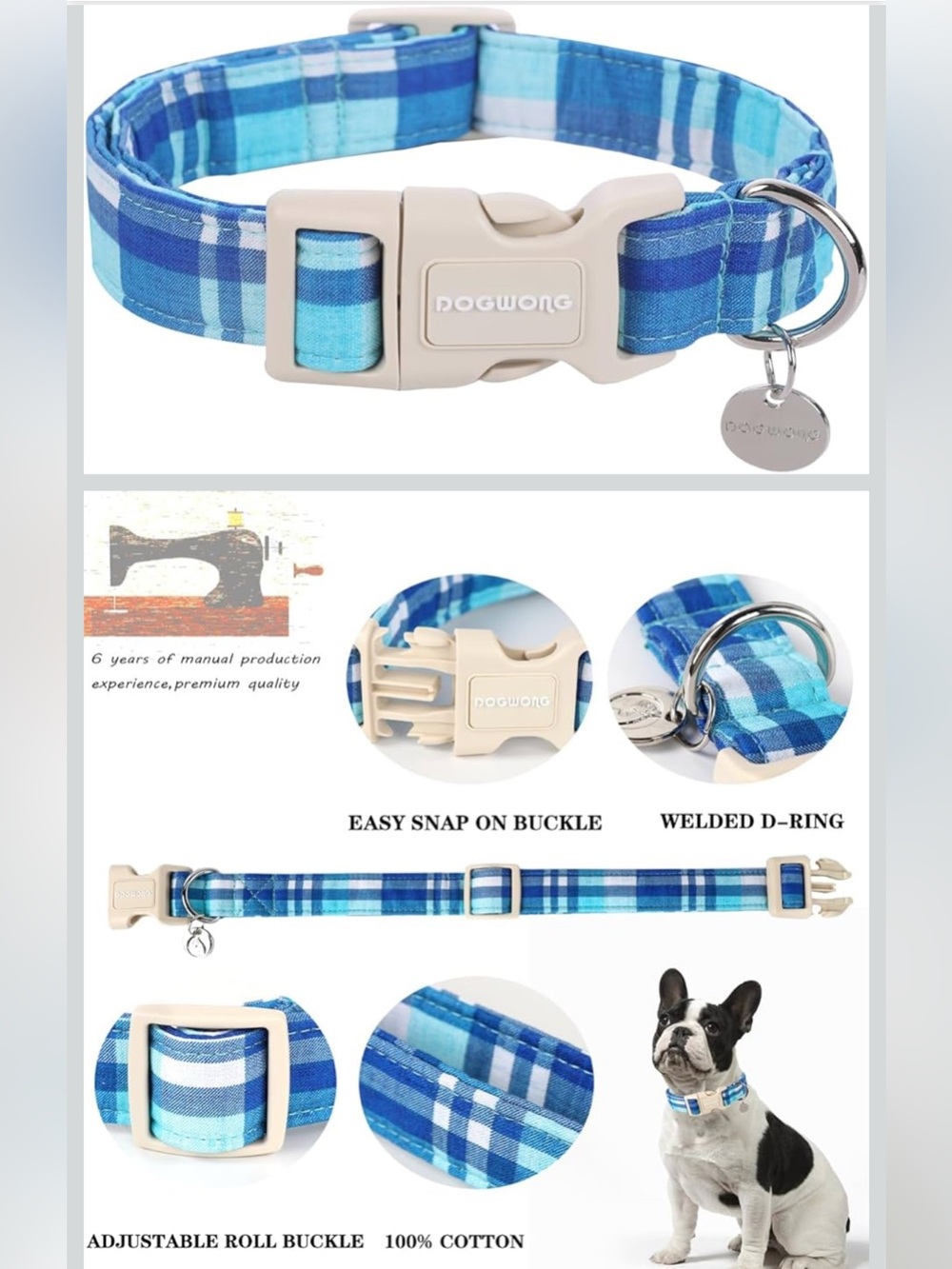 4 for $10 💗💗 DOGWONG Blue Plaid Heavy-Duty cotton Dog Collar NWT